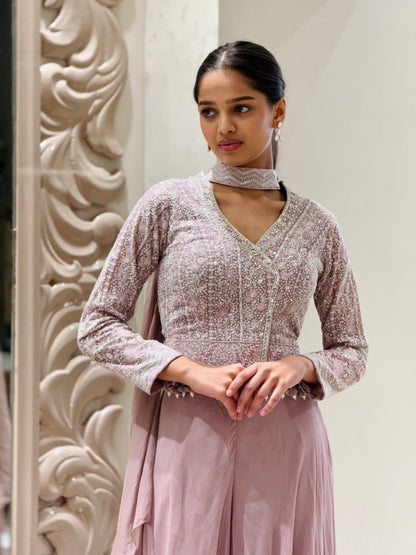 Soft Mauve Sequin Embellished Georgette Cape Gown Set
