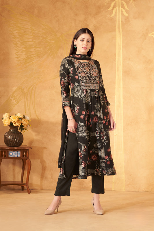 Sophisticated Black Kurta Set with Multicolored Floral Block Print and Embroidery