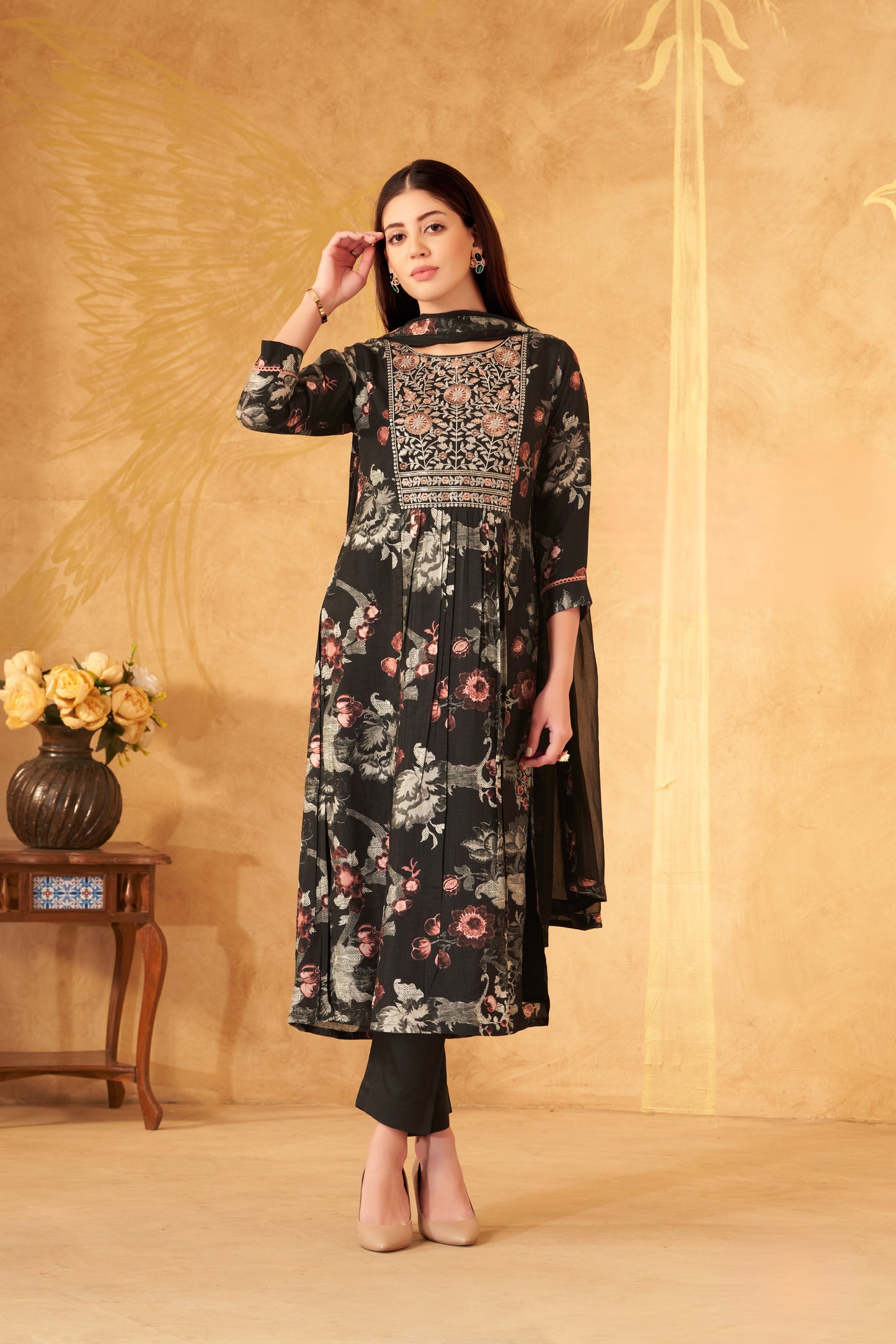Sophisticated Black Kurta Set with Multicolored Floral Block Print and Embroidery