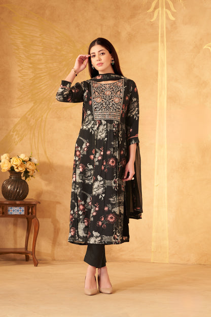 Sophisticated Black Kurta Set with Multicolored Floral Block Print and Embroidery