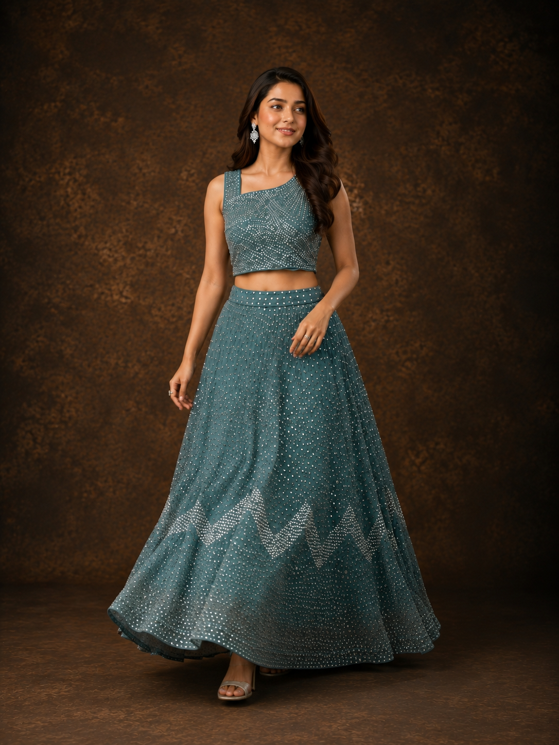 Steel Blue Mirror Work Designer Lehenga Choli with Geometric Sequin Embroidery