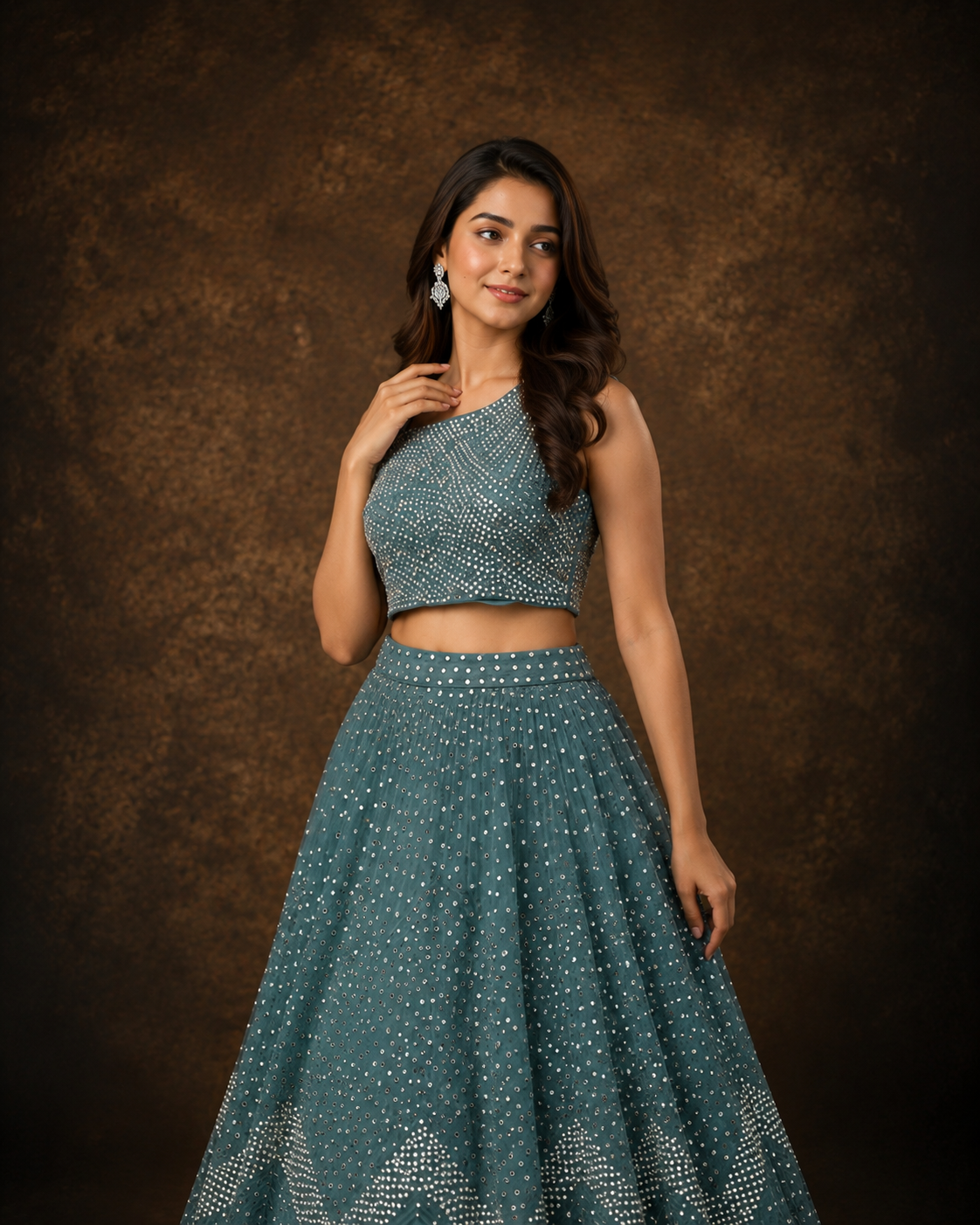 Steel Blue Mirror Work Designer Lehenga Choli with Geometric Sequin Embroidery