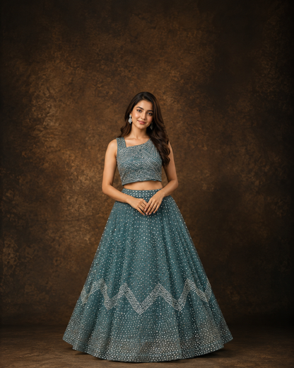 Steel Blue Mirror Work Designer Lehenga Choli with Geometric Sequin Embroidery