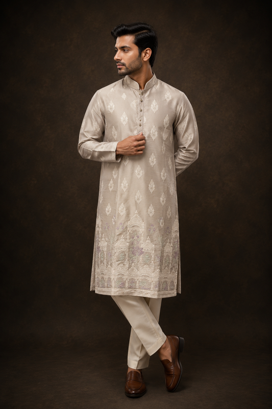 Stone Beige Embroidered Kurta for Men with Heritage Architectural Motif Design