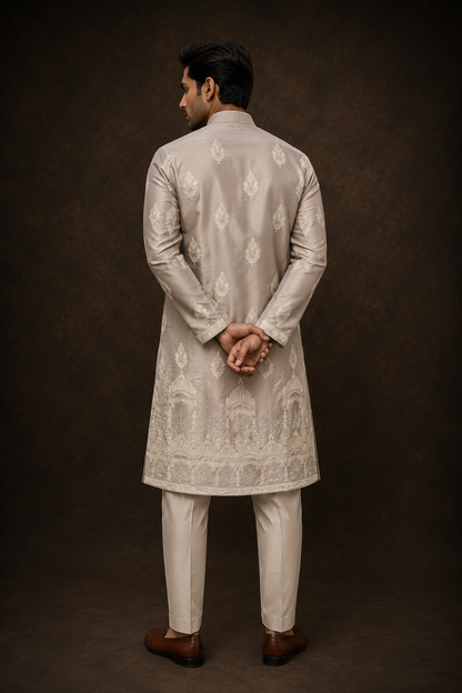 Stone Beige Embroidered Kurta for Men with Heritage Architectural Motif Design