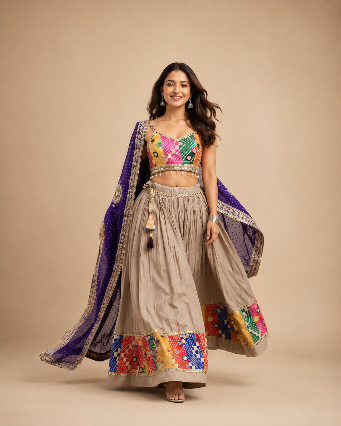 Stone Beige Multicolor Mirror Work Chaniya Choli with Purple Dupatta