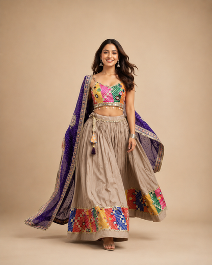 Stone Beige Multicolor Mirror Work Chaniya Choli with Purple Dupatta