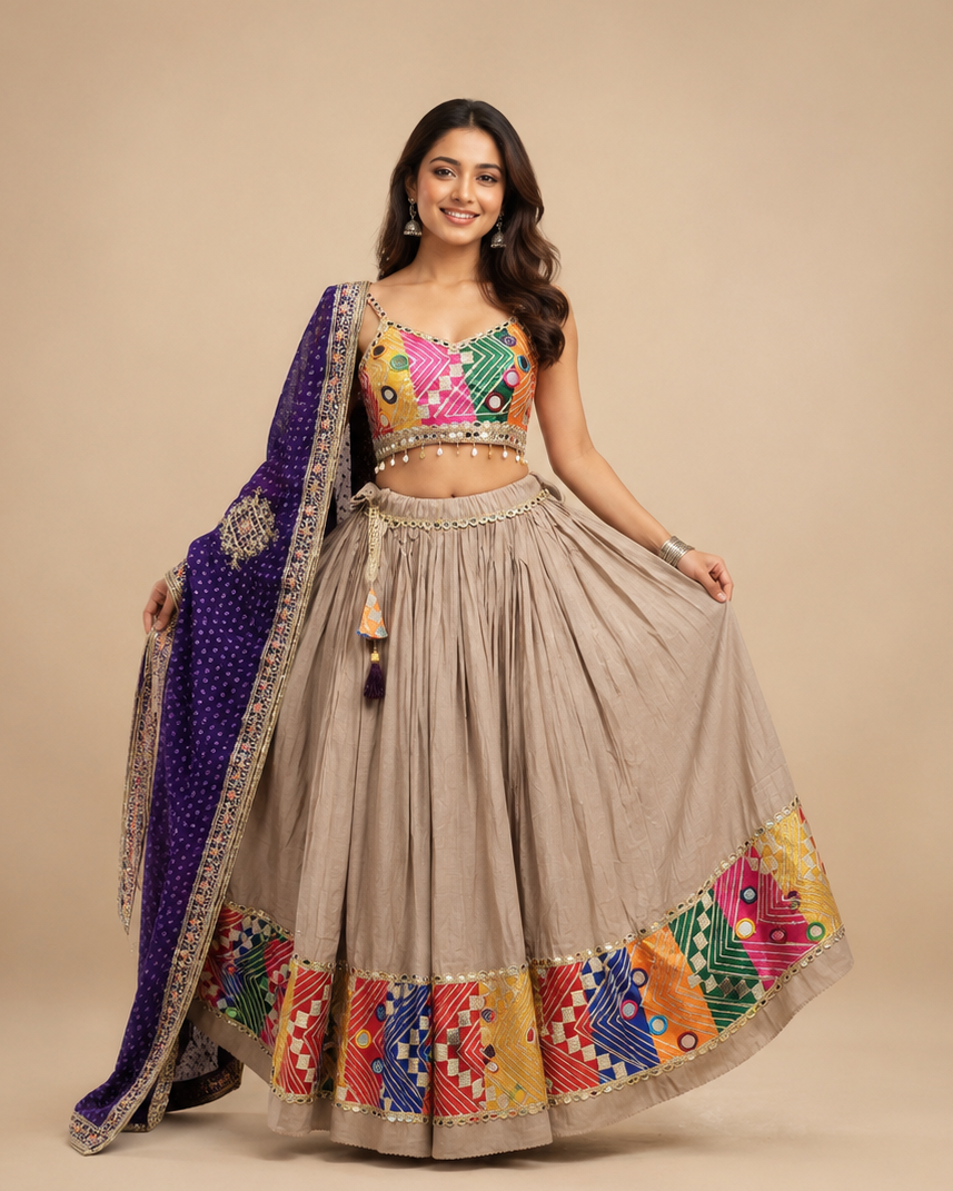 Stone Beige Multicolor Mirror Work Chaniya Choli with Purple Dupatta