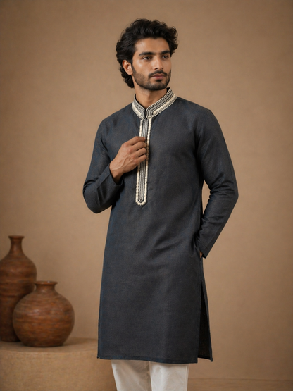 Stone Grey Linen Kurta for Men with Minimal Embroidery