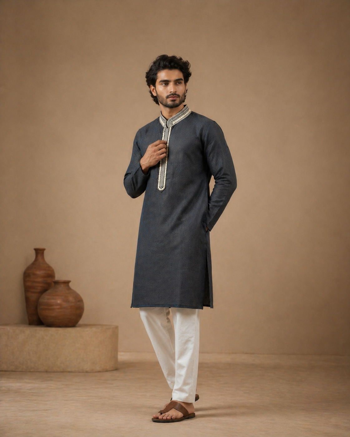 Stone Grey Linen Kurta for Men with Minimal Embroidery