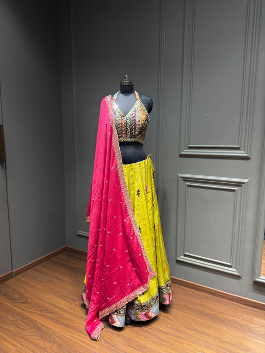 Multi Color Chaniya Choli with Rani Pink Dupatta