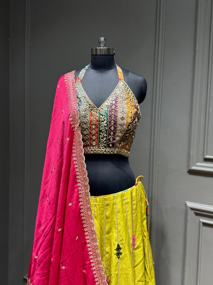 Multi Color Chaniya Choli with Rani Pink Dupatta