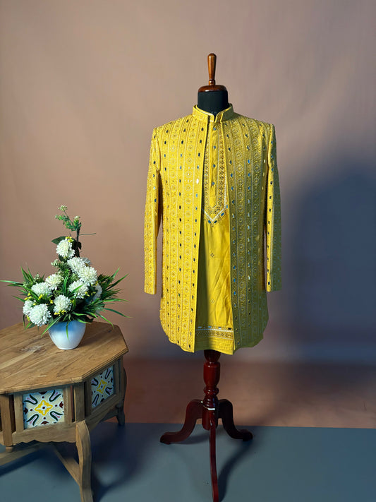 Sunshine Yellow Mirror Work Kurta Set with Embroidered Jacket