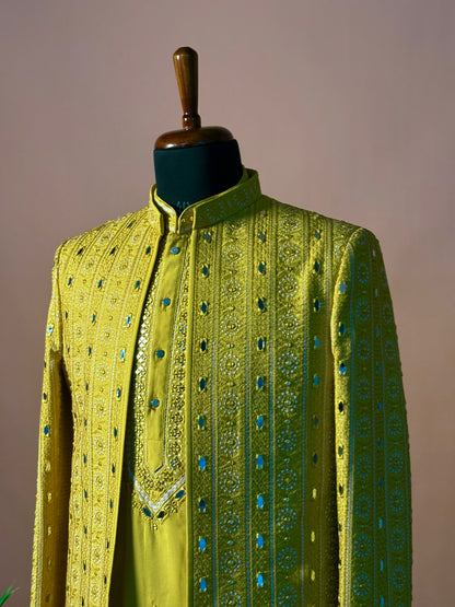 Sunshine Yellow Mirror Work Kurta Set with Embroidered Jacket