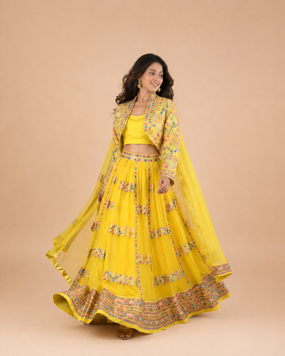 Sunshine Yellow Multicolor Embroidered Navratri Lehenga Choli