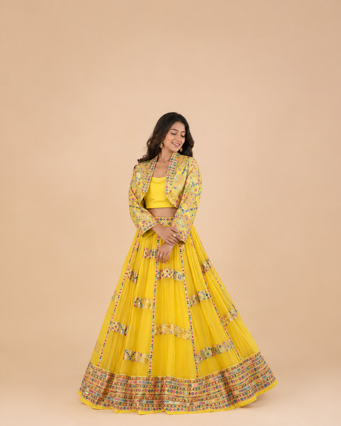 Sunshine Yellow Multicolor Embroidered Navratri Lehenga Choli