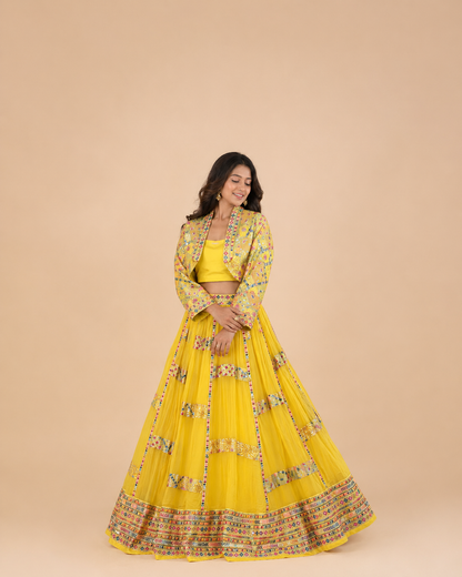 Sunshine Yellow Multicolor Embroidered Navratri Lehenga Choli