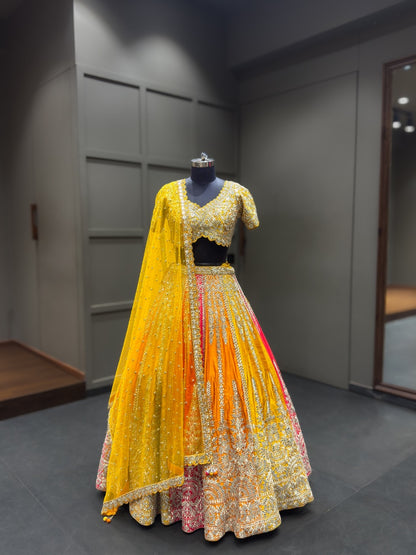 Sunshine Yellow & Rani Pink Festive Designer Lehenga Choli with Heavy Embroidery and Net Dupatta
