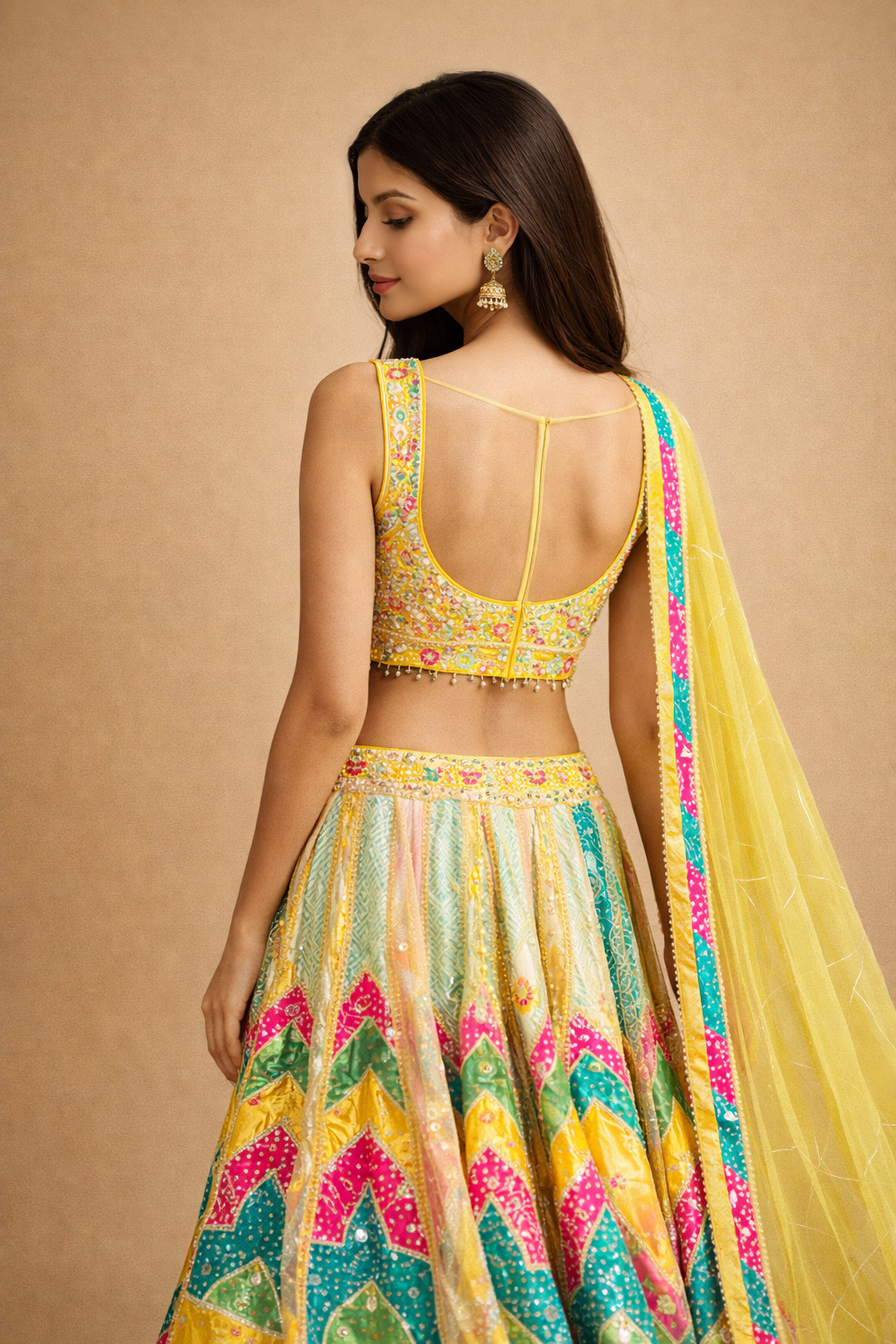 Sunshine Yellow and Multicolor Bandhani Lehenga Choli with Mirror Work