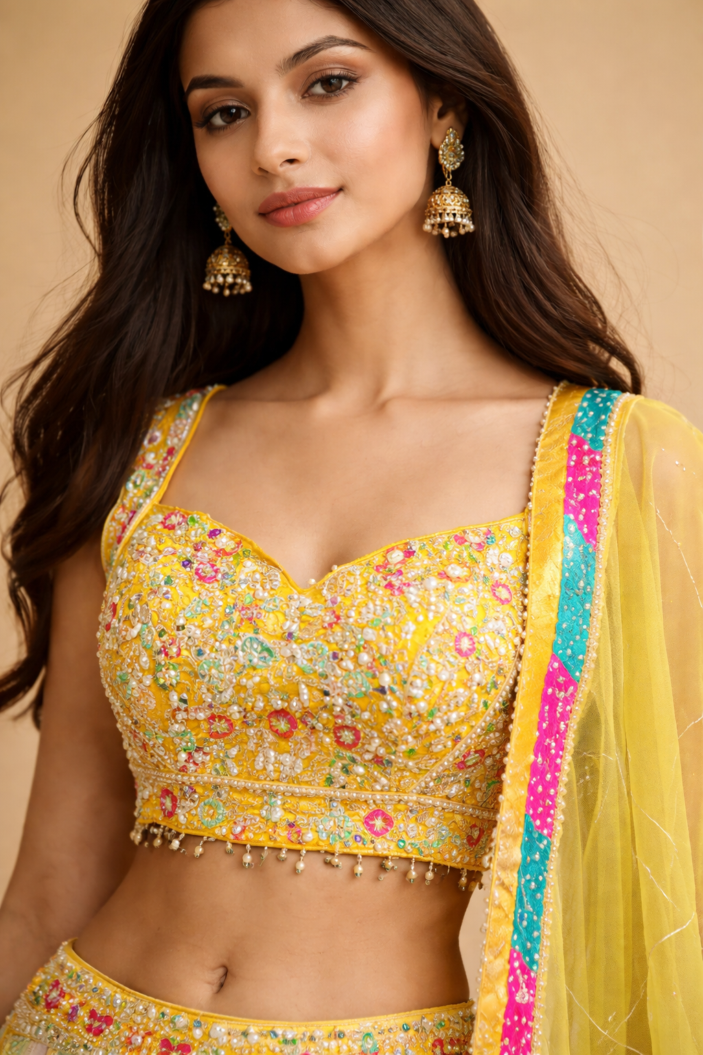 Sunshine Yellow and Multicolor Bandhani Lehenga Choli with Mirror Work