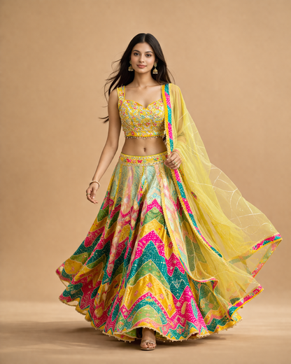 Sunshine Yellow and Multicolor Bandhani Lehenga Choli with Mirror Work