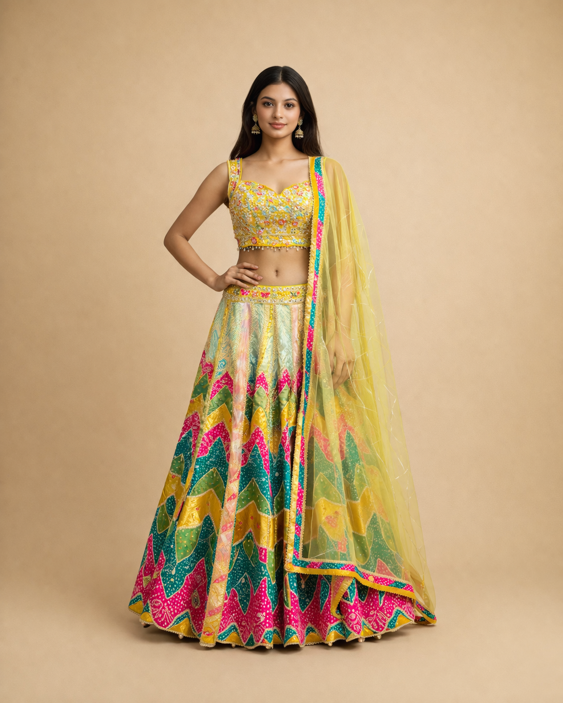 Sunshine Yellow and Multicolor Bandhani Lehenga Choli with Mirror Work