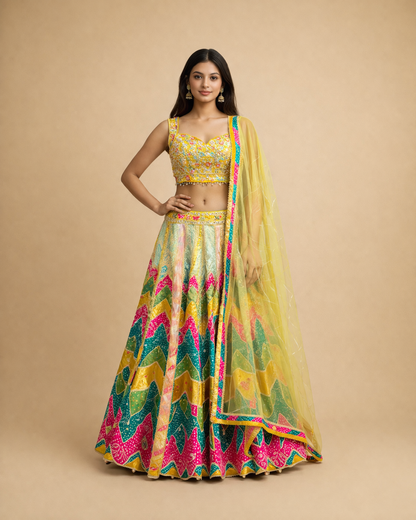 Sunshine Yellow and Multicolor Bandhani Lehenga Choli with Mirror Work