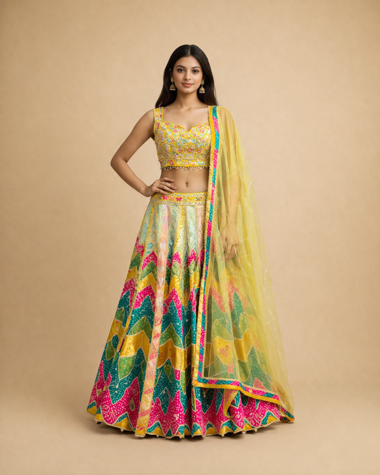 Sunshine Yellow and Multicolor Bandhani Lehenga Choli with Mirror Work