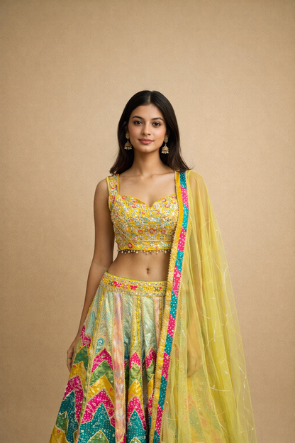 Sunshine Yellow and Multicolor Bandhani Lehenga Choli with Mirror Work