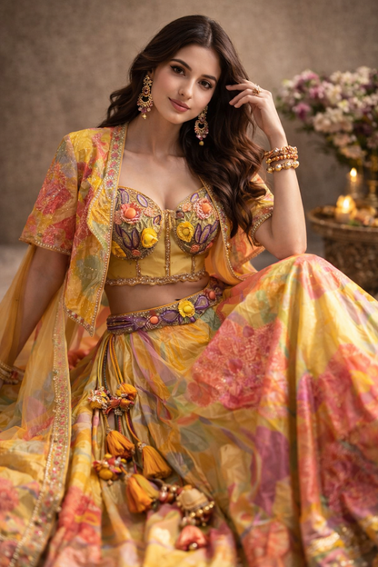Sunshine Yellow and Multicolor Floral Printed Lehenga Choli with Embroidered Blouse and Sheer Jacket