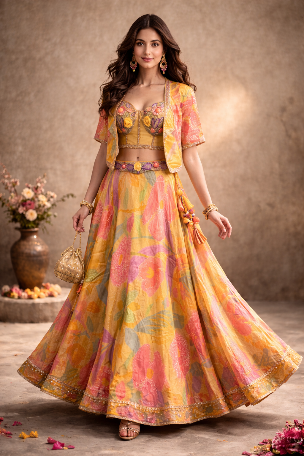 Sunshine Yellow and Multicolor Floral Printed Lehenga Choli with Embroidered Blouse and Sheer Jacket