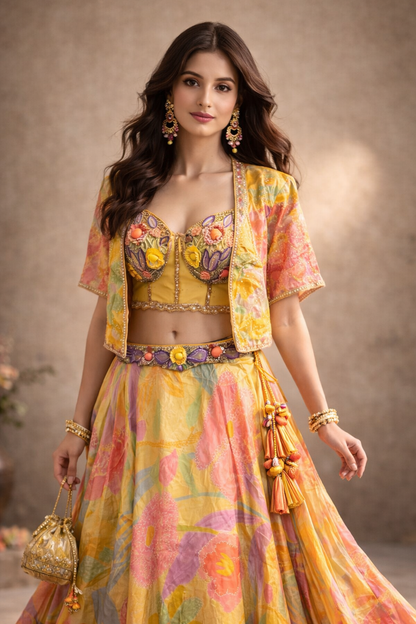 Sunshine Yellow and Multicolor Floral Printed Lehenga Choli with Embroidered Blouse and Sheer Jacket