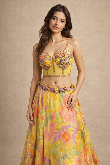 Sunshine Yellow and Multicolor Floral Printed Lehenga Choli with Embroidered Blouse and Sheer Jacket