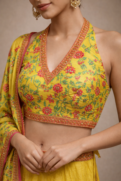 Sunshine Yellow and Pink Floral Embroidered Halter Neck Lehenga Choli