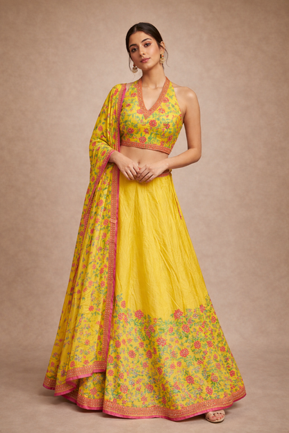 Sunshine Yellow and Pink Floral Embroidered Halter Neck Lehenga Choli