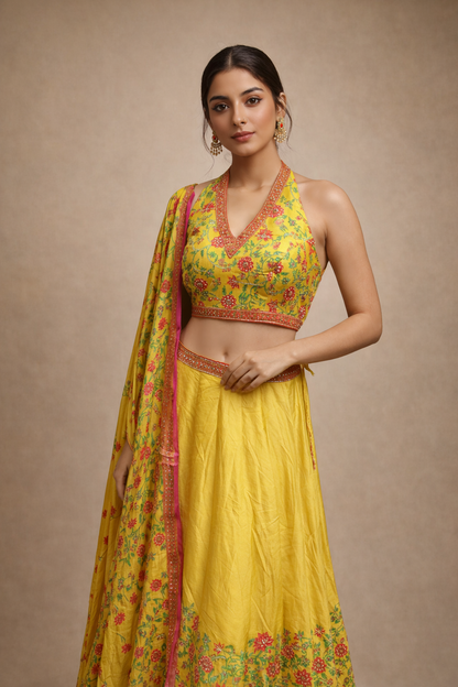 Sunshine Yellow and Pink Floral Embroidered Halter Neck Lehenga Choli