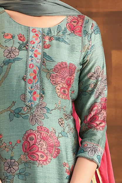 Teal Green Thread And Sequins Work With Floral Print Straight Cut Salwar Suit