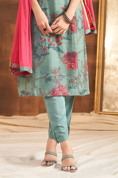 Teal Green Thread And Sequins Work With Floral Print Straight Cut Salwar Suit
