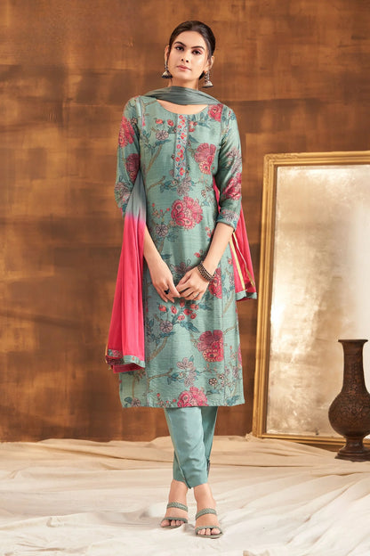 Teal Green Thread And Sequins Work With Floral Print Straight Cut Salwar Suit