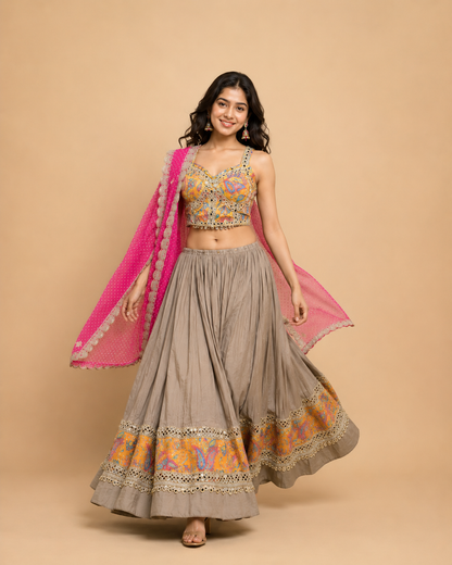 Taupe Grey Printed Lehenga Choli with Mirror Work Blouse & Rani Pink Dupatta