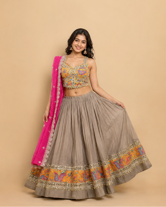 Taupe Grey Printed Lehenga Choli with Mirror Work Blouse & Rani Pink Dupatta
