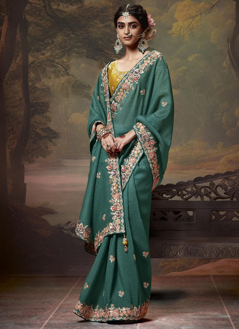 Teal Fancy Embroidery Work Party Wear Saree