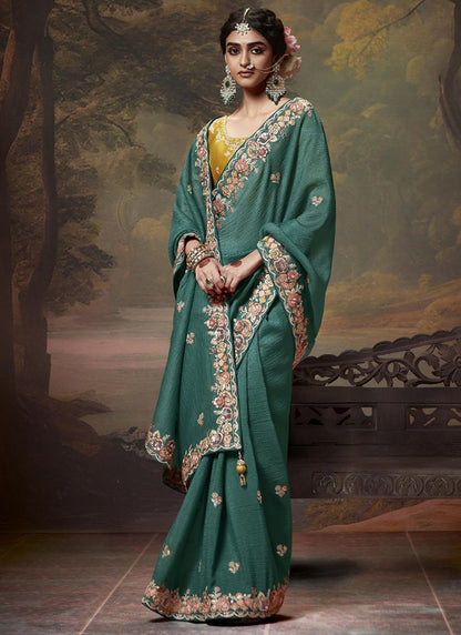 Teal Fancy Embroidery Work Party Wear Saree
