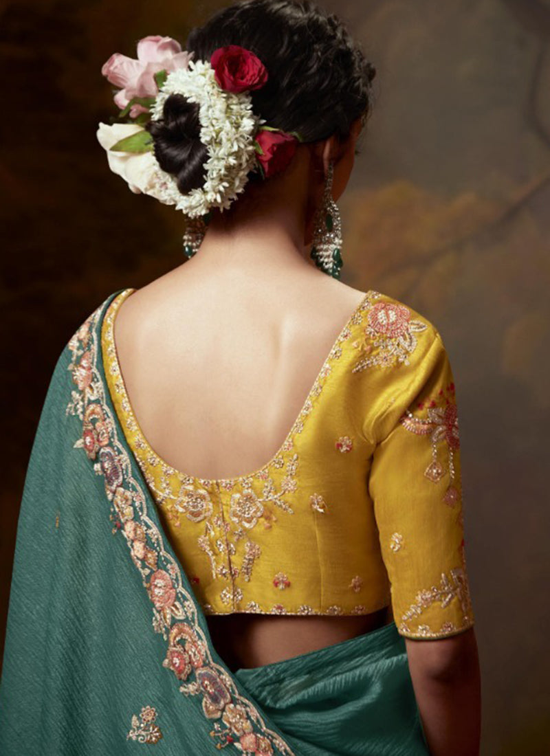 Teal Fancy Embroidery Work Party Wear Saree