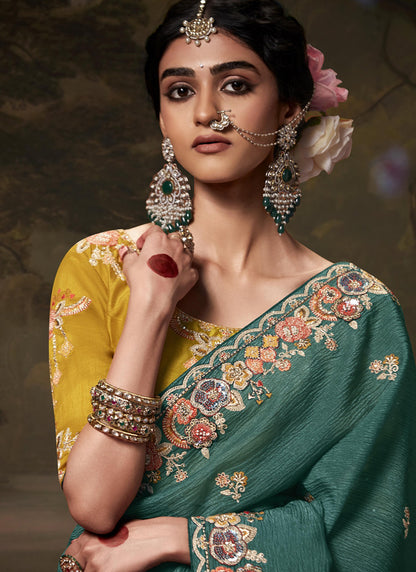 Teal Fancy Embroidery Work Party Wear Saree