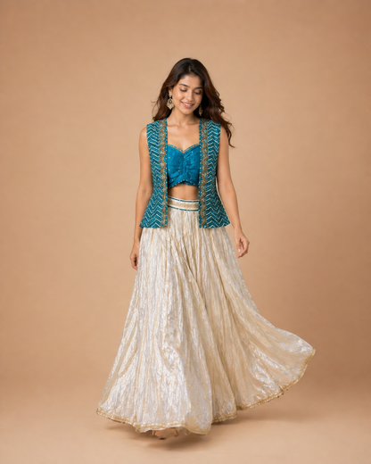 Teal Blue Embroidered Blouse with Chevron Jacket and Ivory Silk Lehenga Set