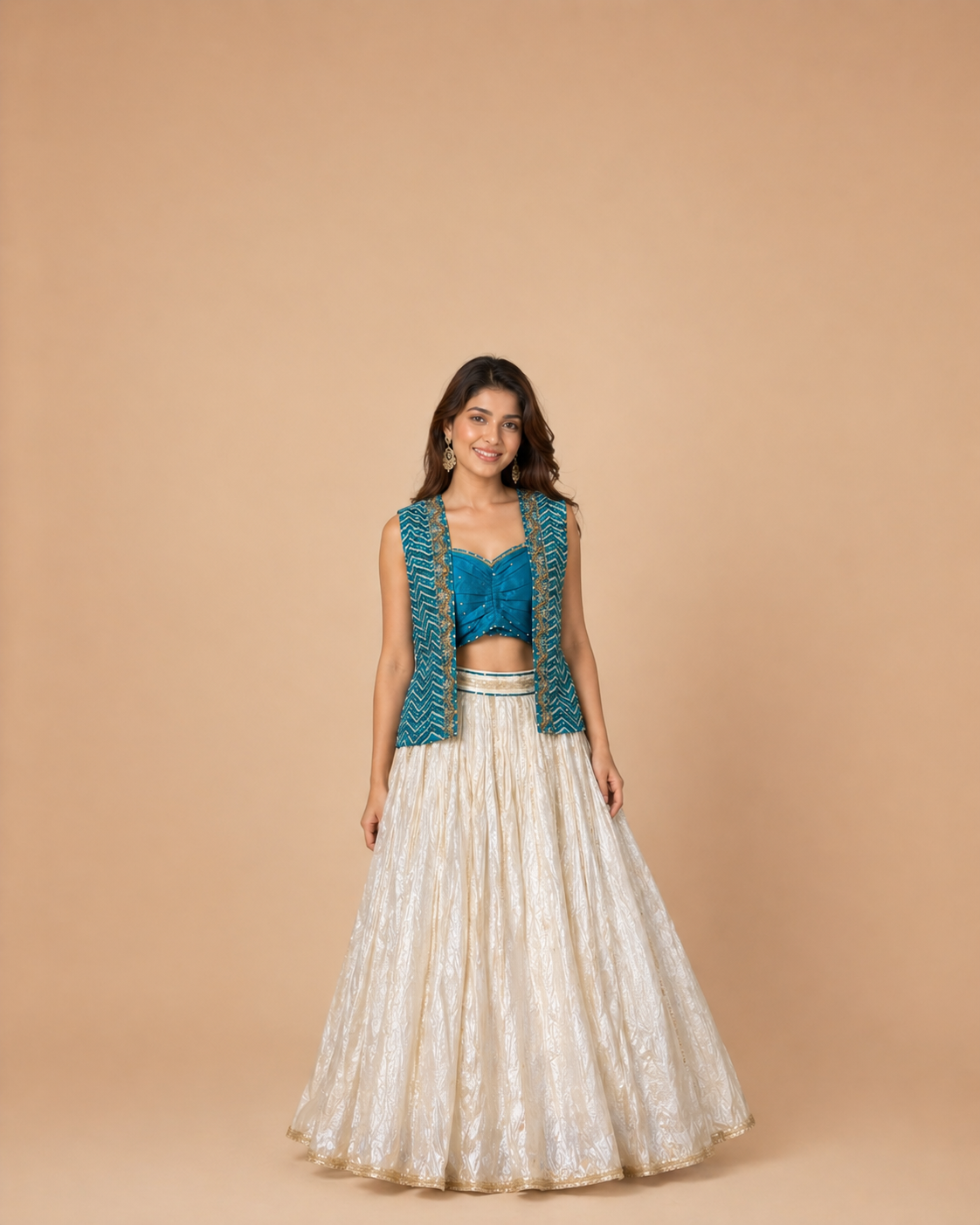 Teal Blue Embroidered Blouse with Chevron Jacket and Ivory Silk Lehenga Set