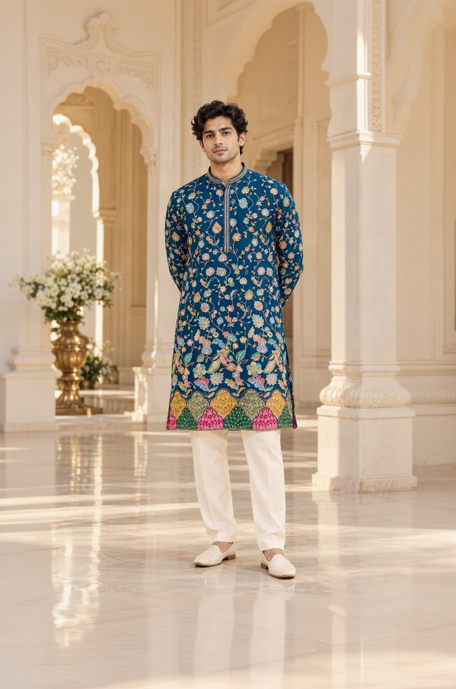 Teal Blue Floral Embroidered Silk Blend Kurta