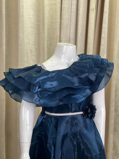 Teal Blue Ruffled Off-Shoulder Gown for Girls