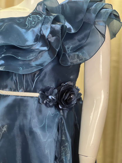 Teal Blue Ruffled Off-Shoulder Gown for Girls